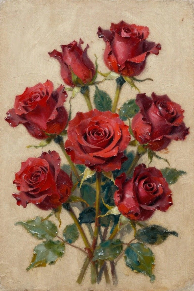 Oil painting of blooming red roses with green leaves on beige background.
