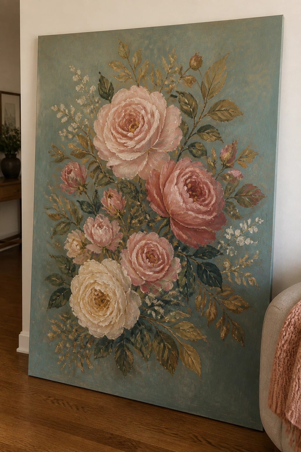 Large floral painting of pink and white roses with gold accents on teal background