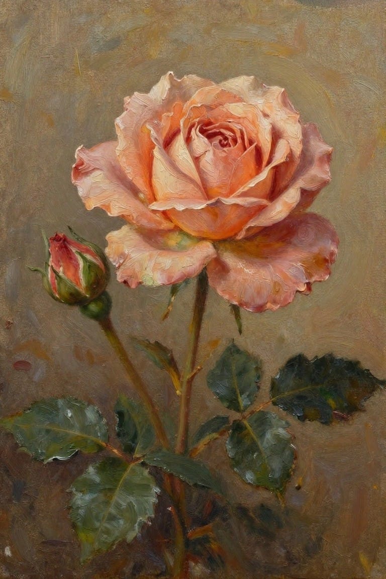 Oil painting of blooming peach rose with pink bud and dark green leaves.