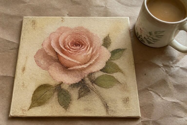 25 Elegant Rose Oil Painting Ideas in Vintage and Botanical Styles Pink rose painting on small canvas beside white cup on brown paper.