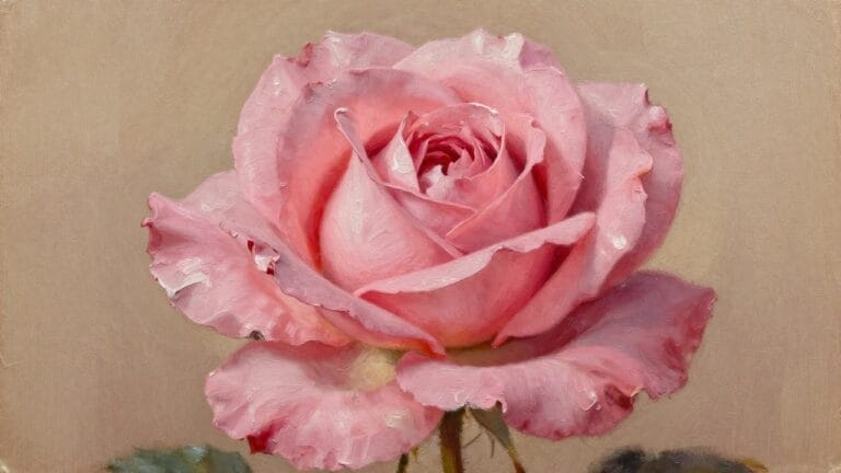 25 Elegant Rose Oil Painting Ideas in Vintage and Botanical Styles Pink rose with layered petals and dewdrops on a slender green stem against beige background