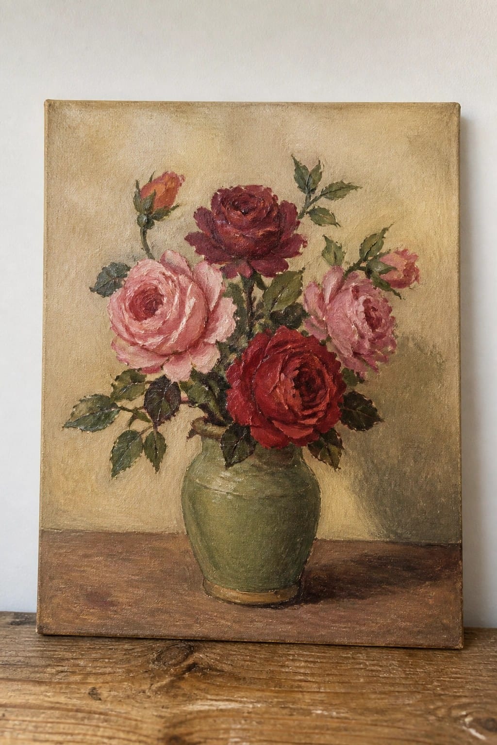 Still life painting of red and pink roses in a green vase on wood.