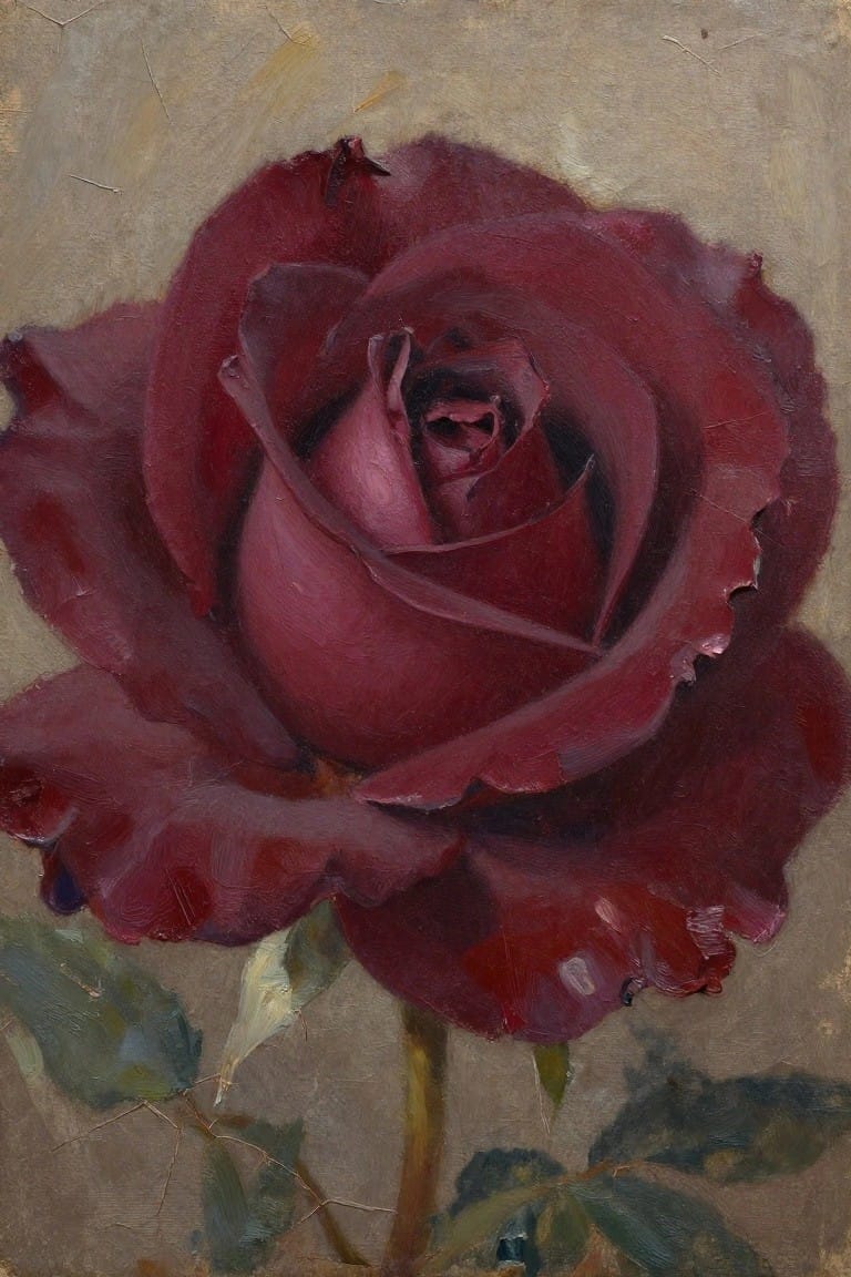 Close-up of deep red rose with layered petals, green leaves, and visible brushstrokes.