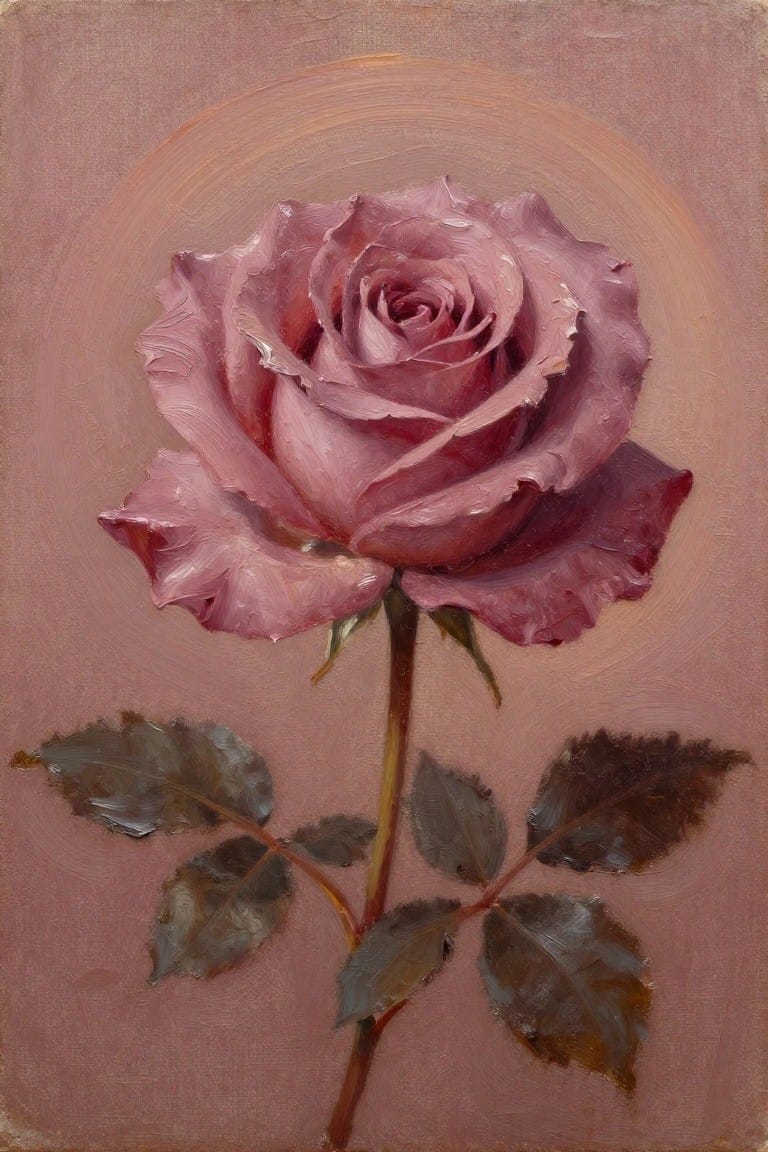 Pink rose in full bloom with leaves on muted pink background with halo.