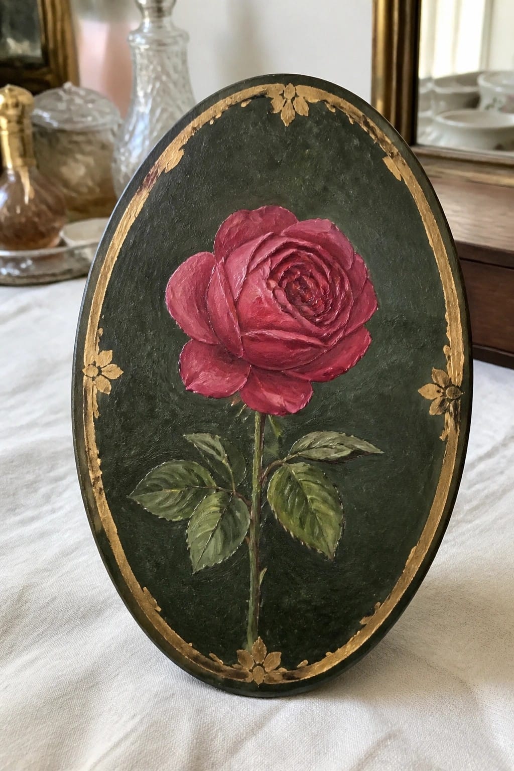 Oval dark green plaque with painted red rose, stem, leaves, and gold border accents
