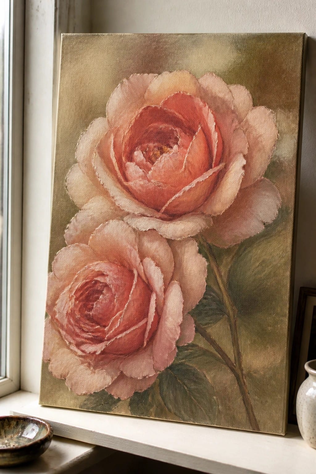 Canvas painting of two blooming pink roses on windowsill beside bowl