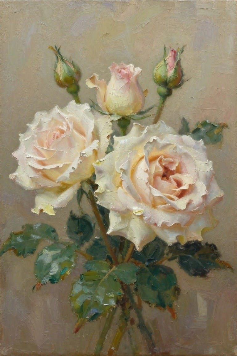 Oil painting of white roses with pink centers, buds, and green leaves on beige background
