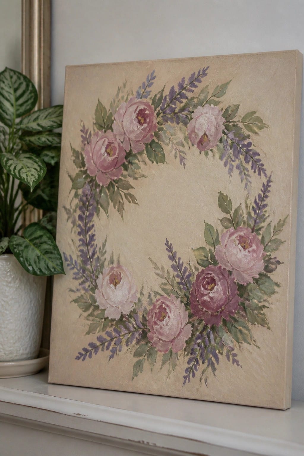 Beige canvas painting of pink rose wreath with purple and green foliage on shelf
