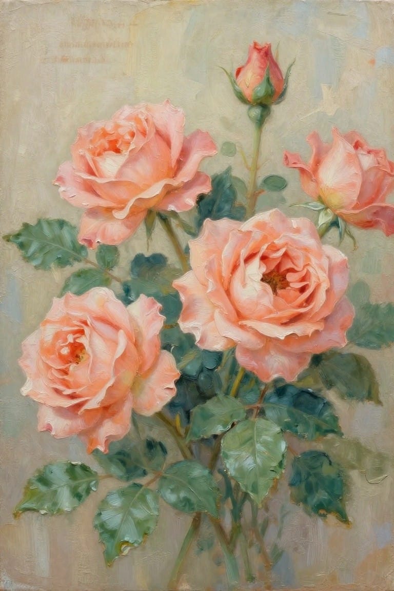 Oil painting of blooming peach-pink roses with green leaves and one bud