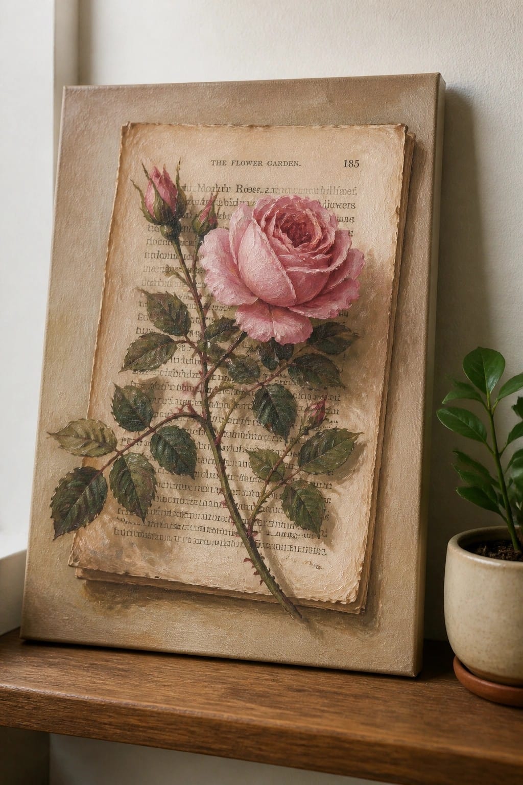 A pink rose with buds and leaves painted over an open vintage book page on a textured canvas, displayed on a wooden shelf next to a potted plant.