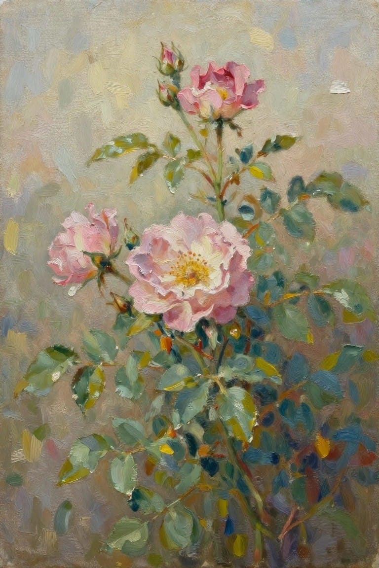 Pink roses blooming amid green leaves on soft pastel background.