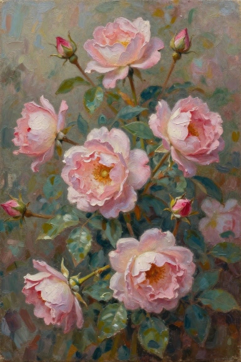 An oil painting of multiple pink roses with buds and green leaves against a soft muted background.