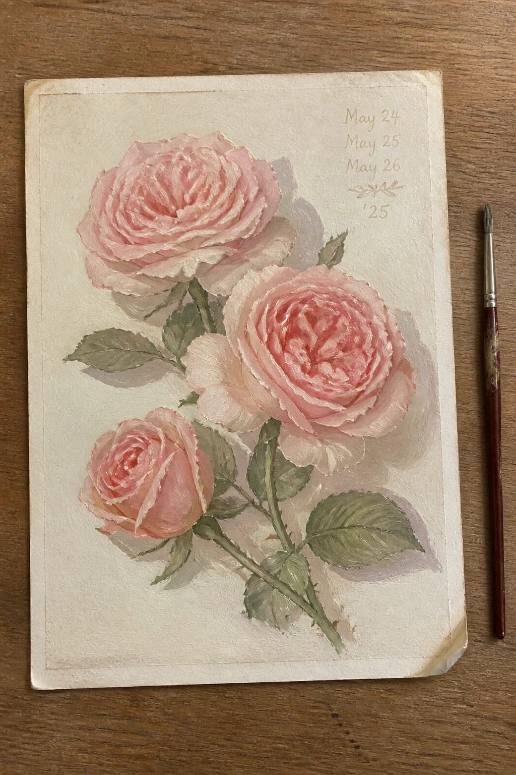 Oil painting of three pink roses with green leaves on a light background and handwritten dates in the upper right corner.