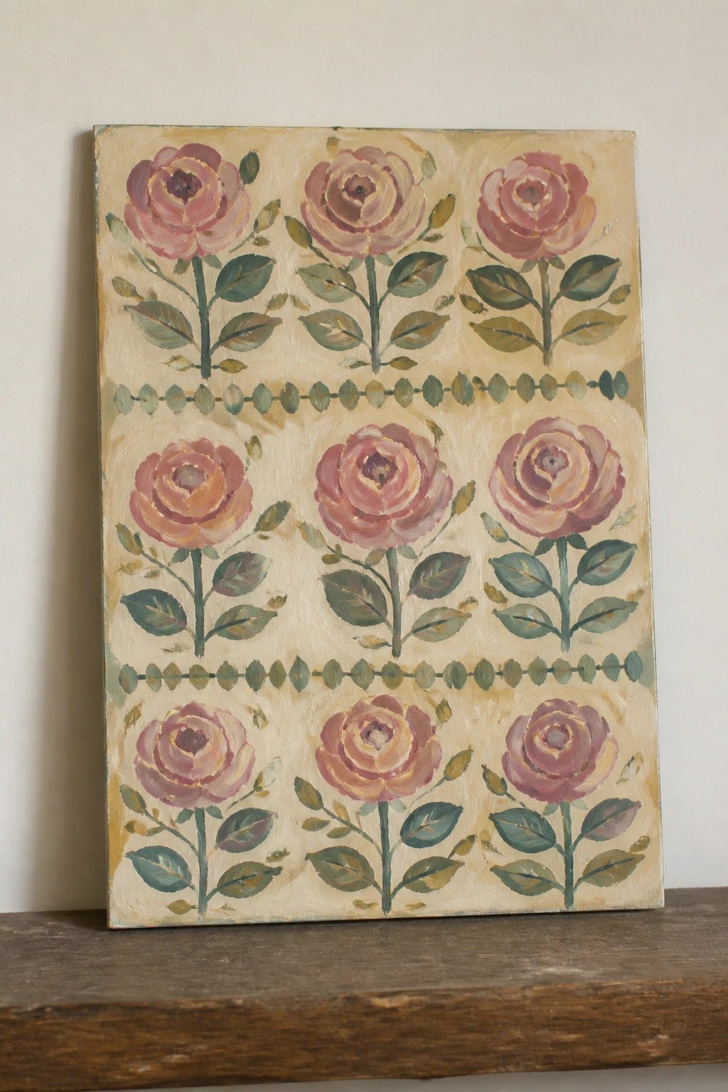 Oil painting of nine pink roses in three rows with green leaves and stems on a light background, separated by dotted horizontal lines.