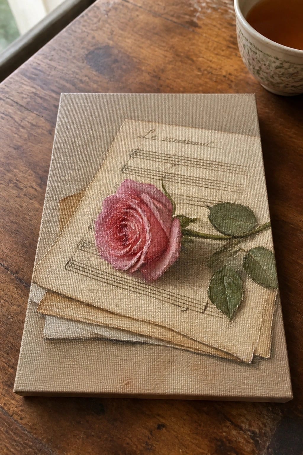 Pink rose over vintage sheet music on canvas beside teacup on wooden table.