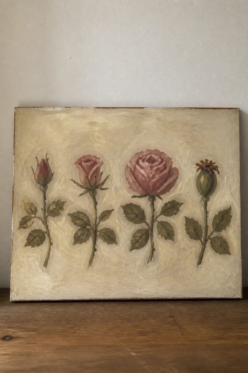 Painting of four pink roses: bud, bloom, full flower, and seed pod.