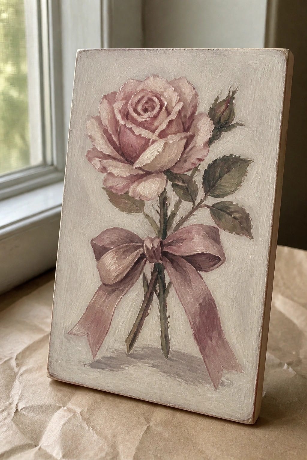 Pink rose painting with bow on canvas propped by window on paper