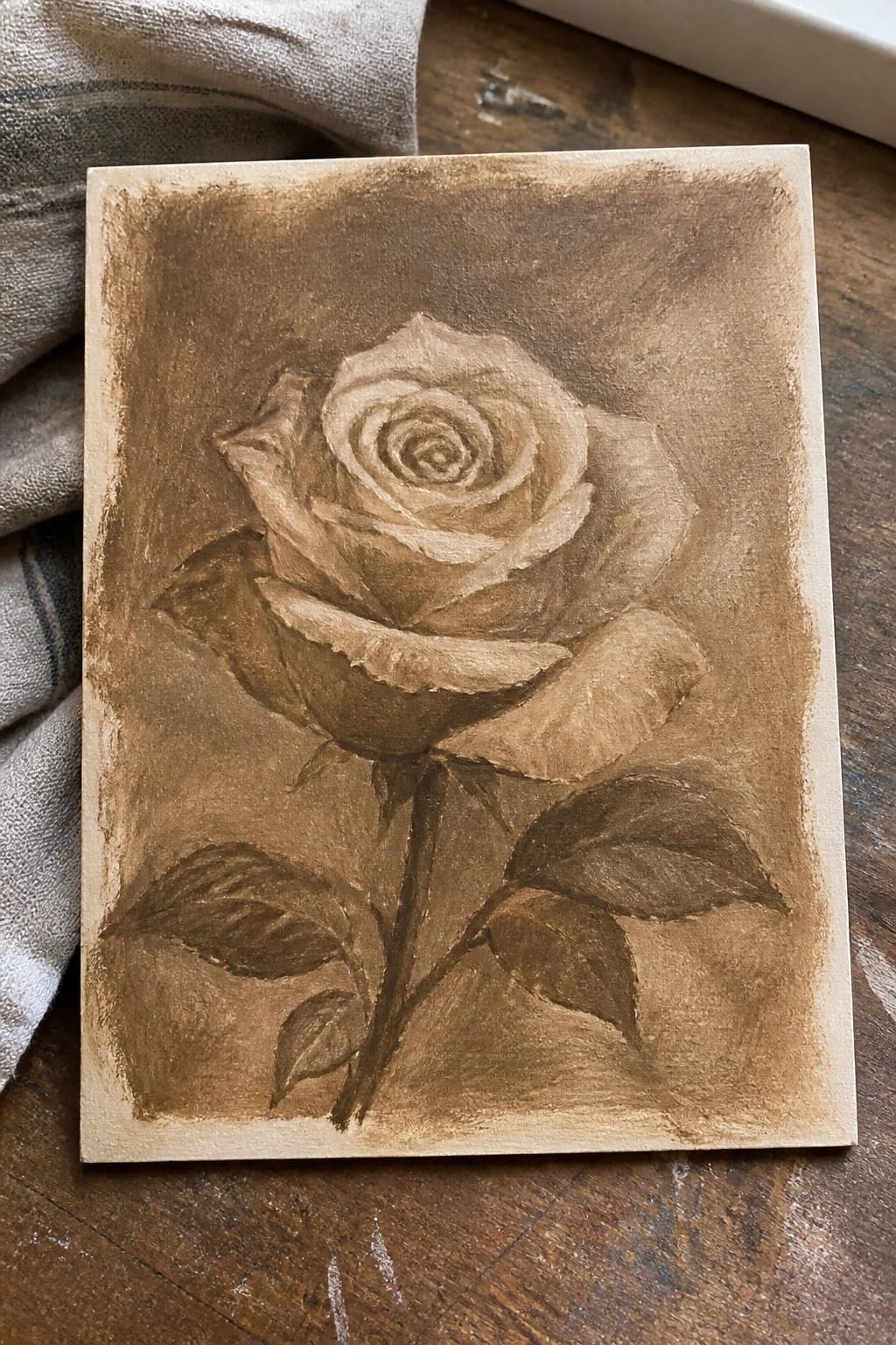 Sepia-toned rose painting with stem and leaves on rustic wooden surface.