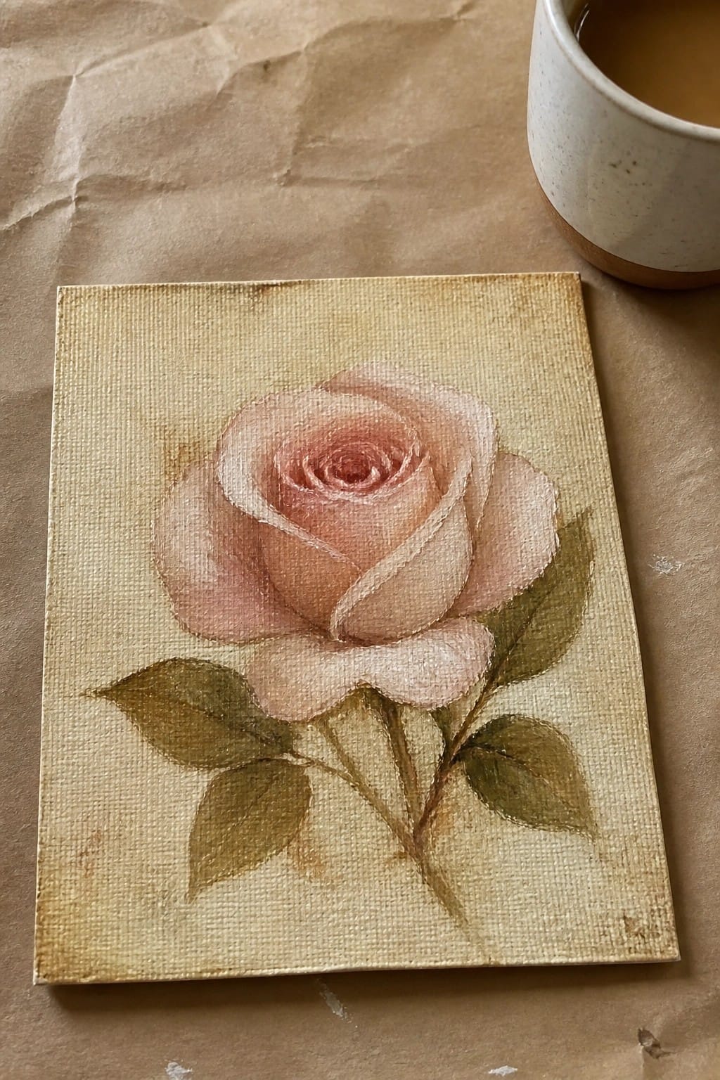 Pink rose painting on small canvas beside white cup on brown paper.