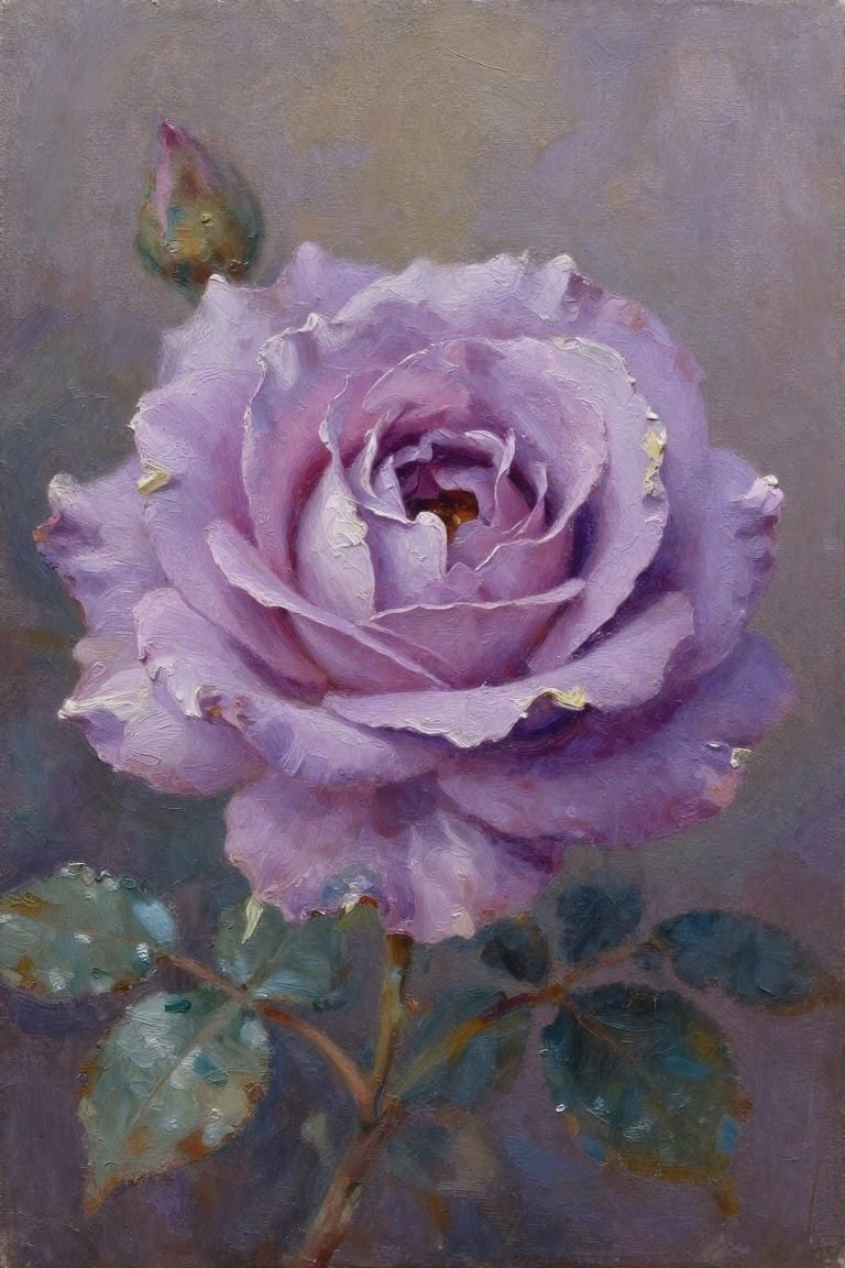 Purple rose in full bloom with bud and green leaves, oil painting style