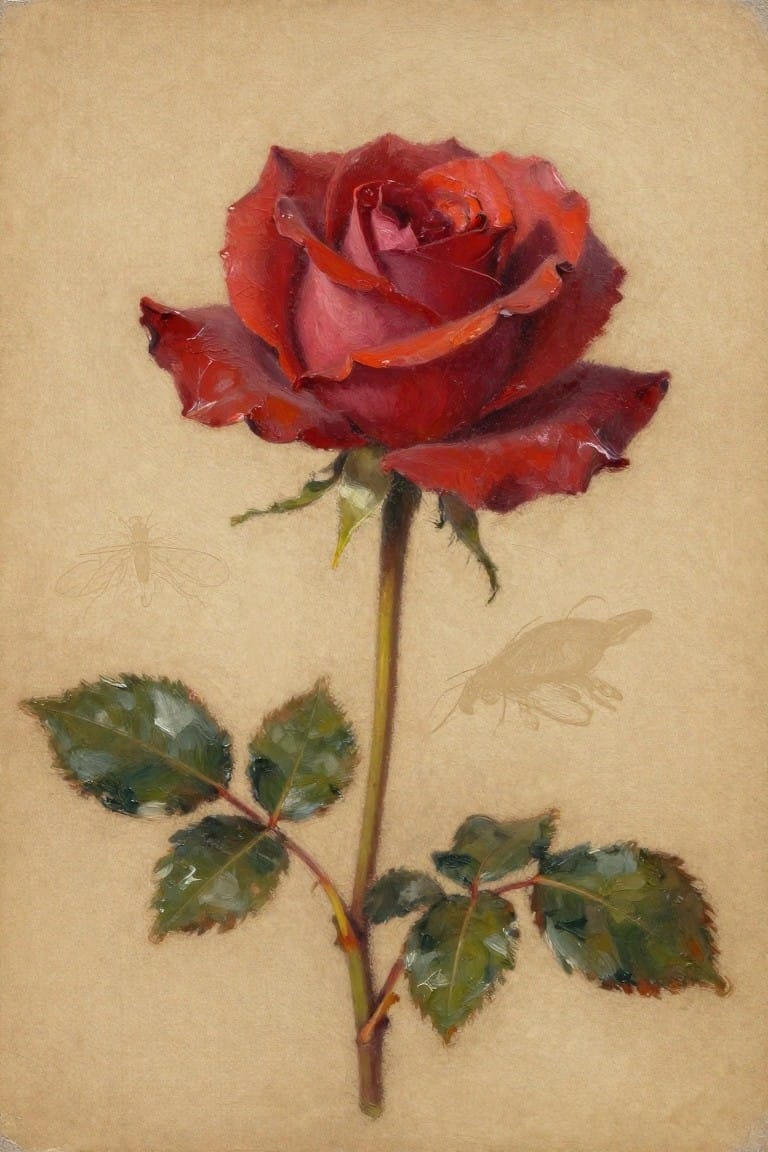 A realistic oil painting of a deep red rose with green leaves on a stem against a plain beige background, with two faint insect sketches visible on either side.