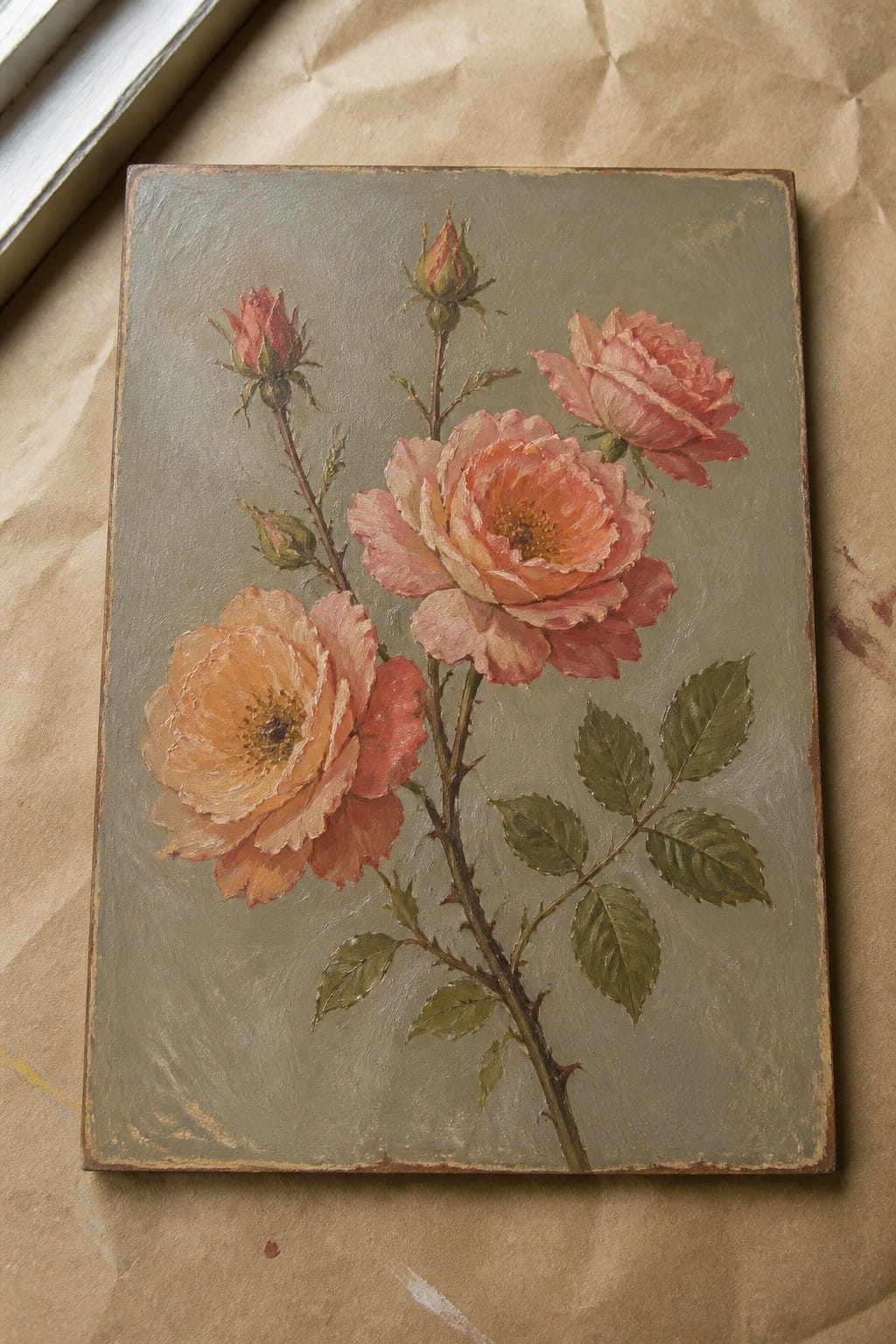 Vintage painting of blooming peach-pink roses with buds and green leaves on muted background.