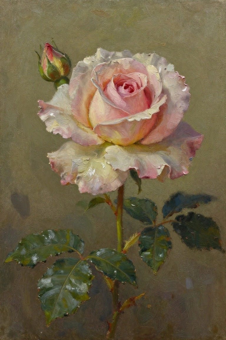 Oil painting of a blooming pink and white rose with bud and green leaves.