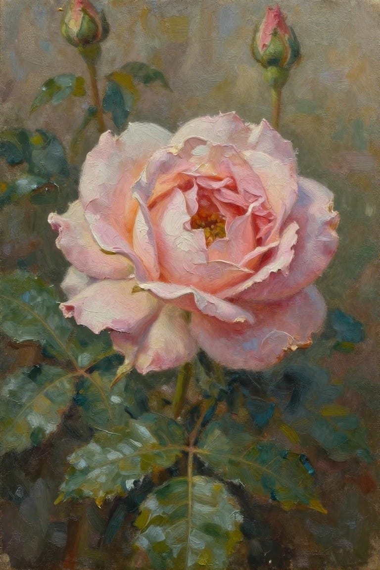 Oil painting of blooming pink rose with buds and lush green leaves