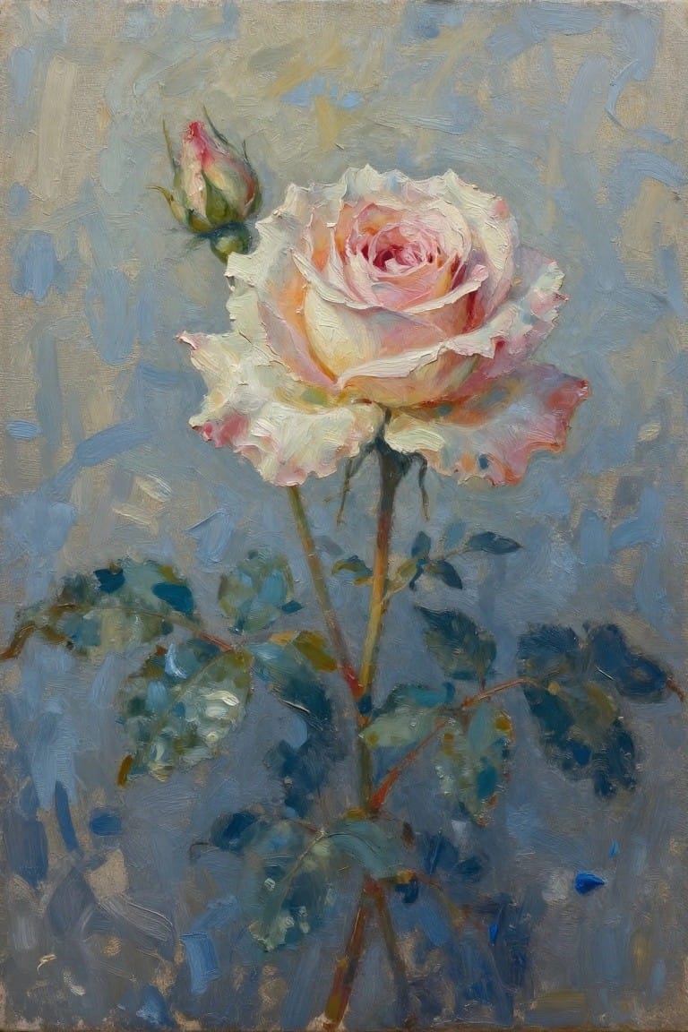 Oil painting of blooming pink and white rose with bud amid blue-green leaves