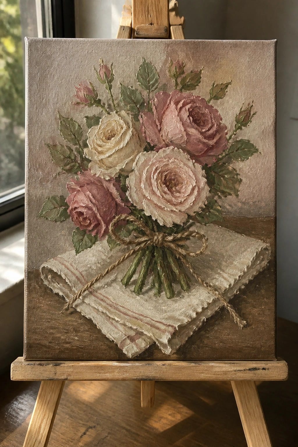 Still life painting of pink and white roses tied with twine on striped cloth