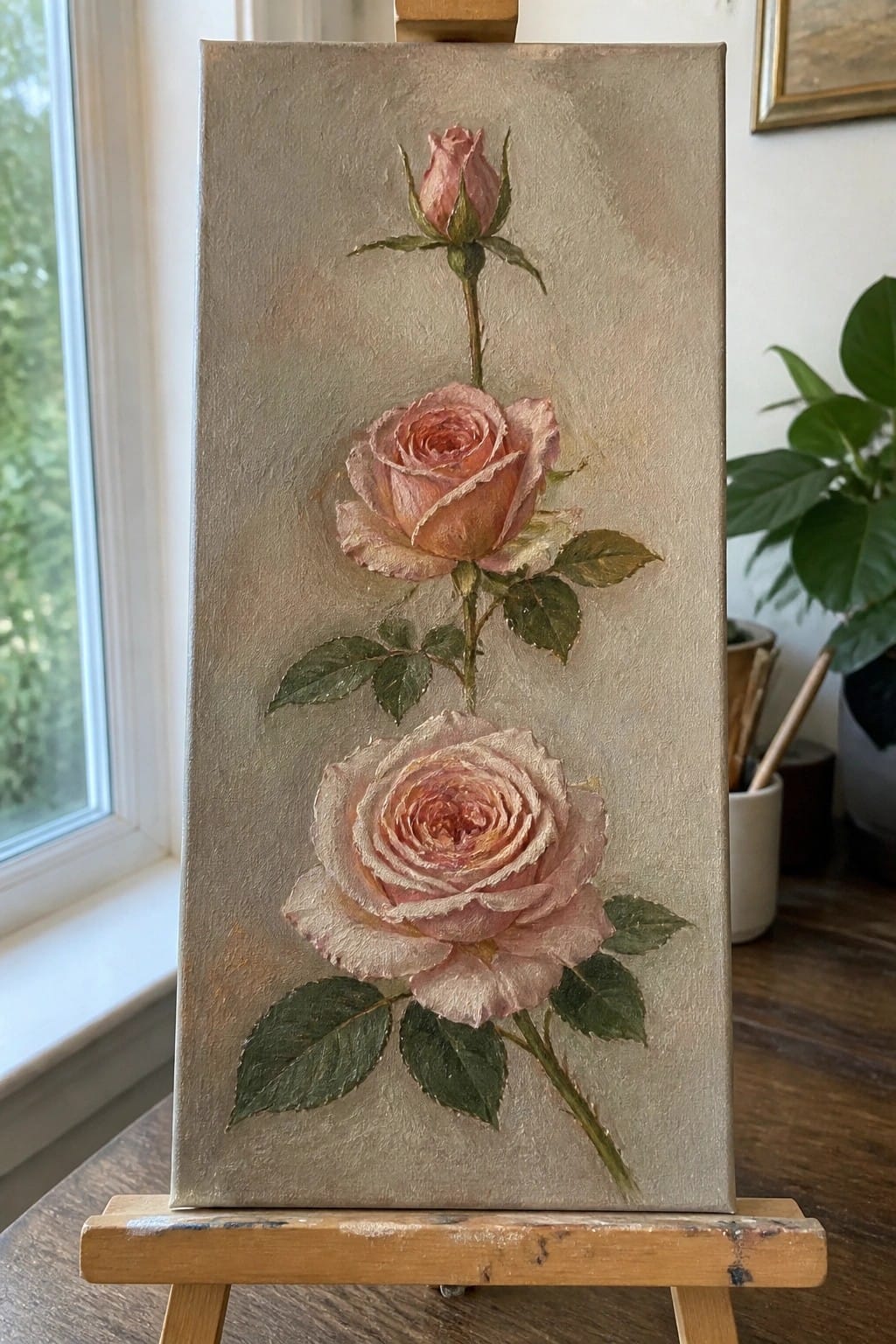 Oil painting of three pink roses with leaves on a beige canvas on easel