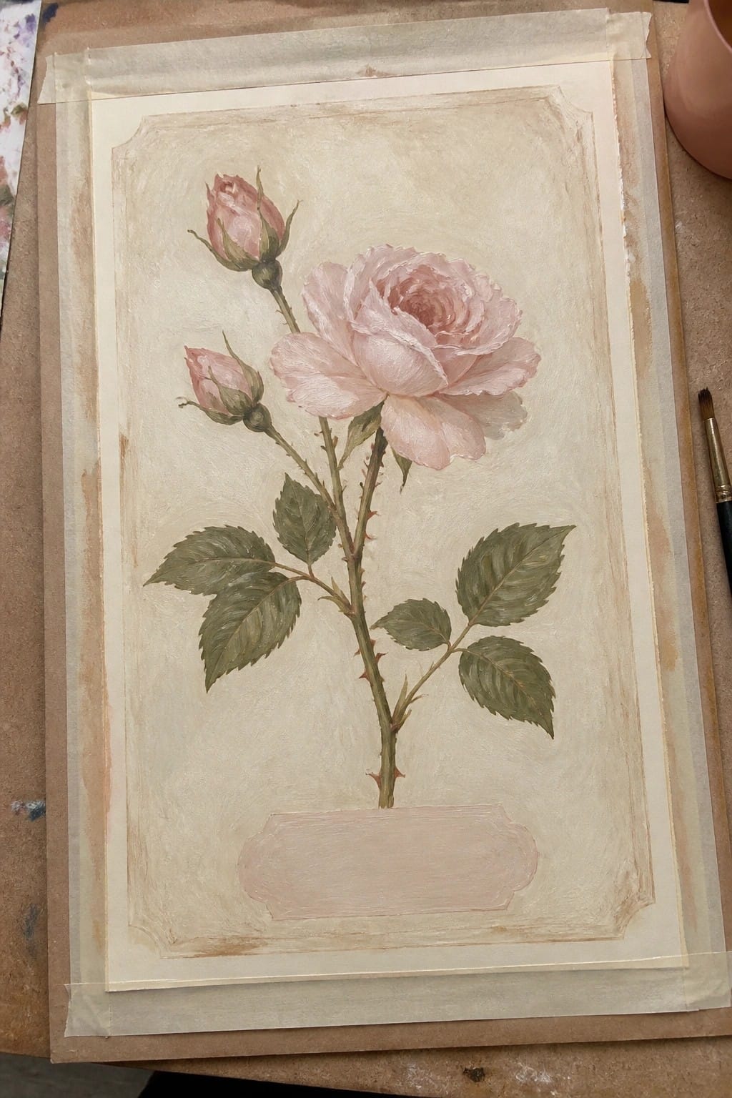 Painting of light pink rose in bloom with two buds on thorny stem
