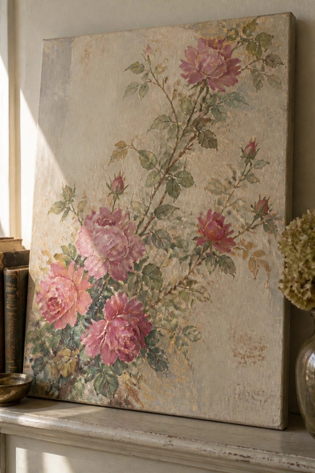 Pink rose painting on canvas leaning on mantel with vintage books and vase.