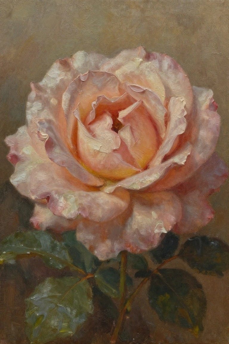 Blooming rose with soft pink, peach, and cream petals plus green leaves.