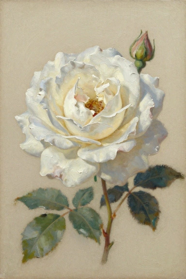 White rose in bloom with pink bud and dark green leaves on stem, realistic painting.