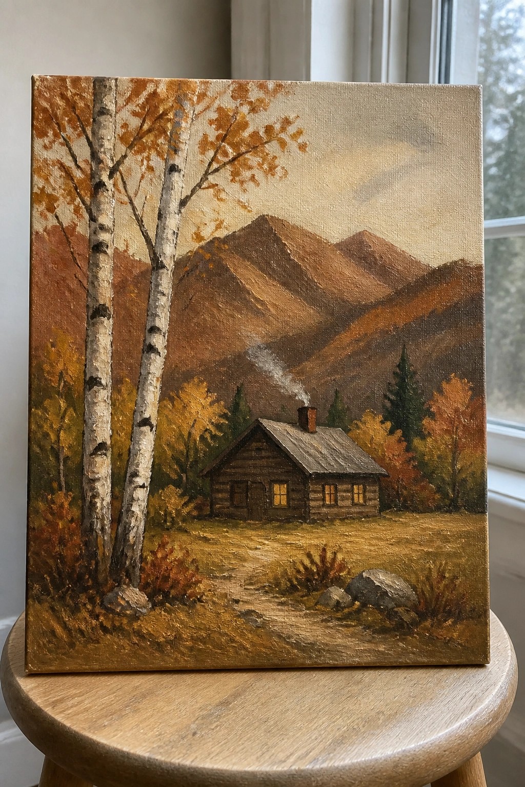 Autumn oil painting of log cabin, birch trees, mountains, and winding path.