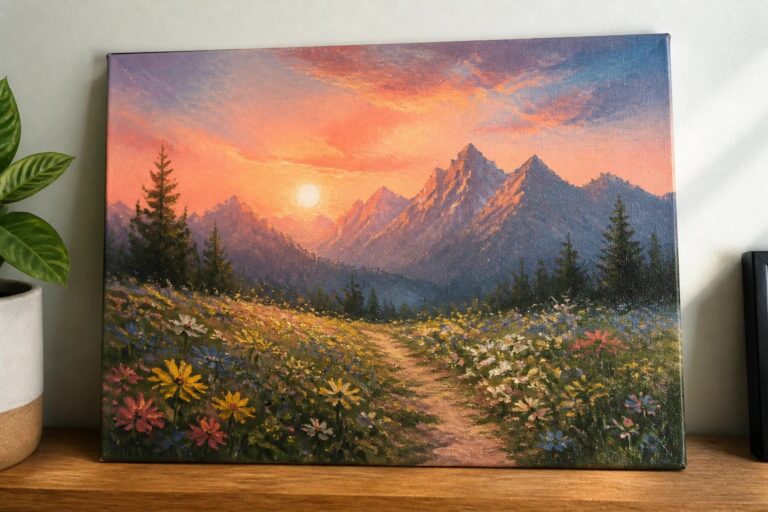 25 Gorgeous Mountain Oil Painting Ideas for Nature Lovers Sunset painting of mountains with a dirt path through colorful wildflower meadow.