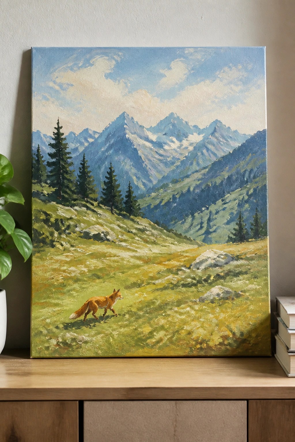 Realistic painting of orange fox walking on grassy hillside with snow-capped mountains behind