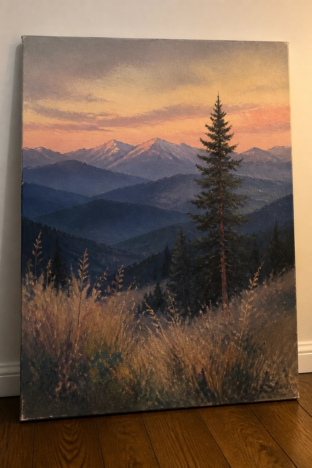 Oil painting of lone pine overlooking layered mountains under orange-pink sunset sky