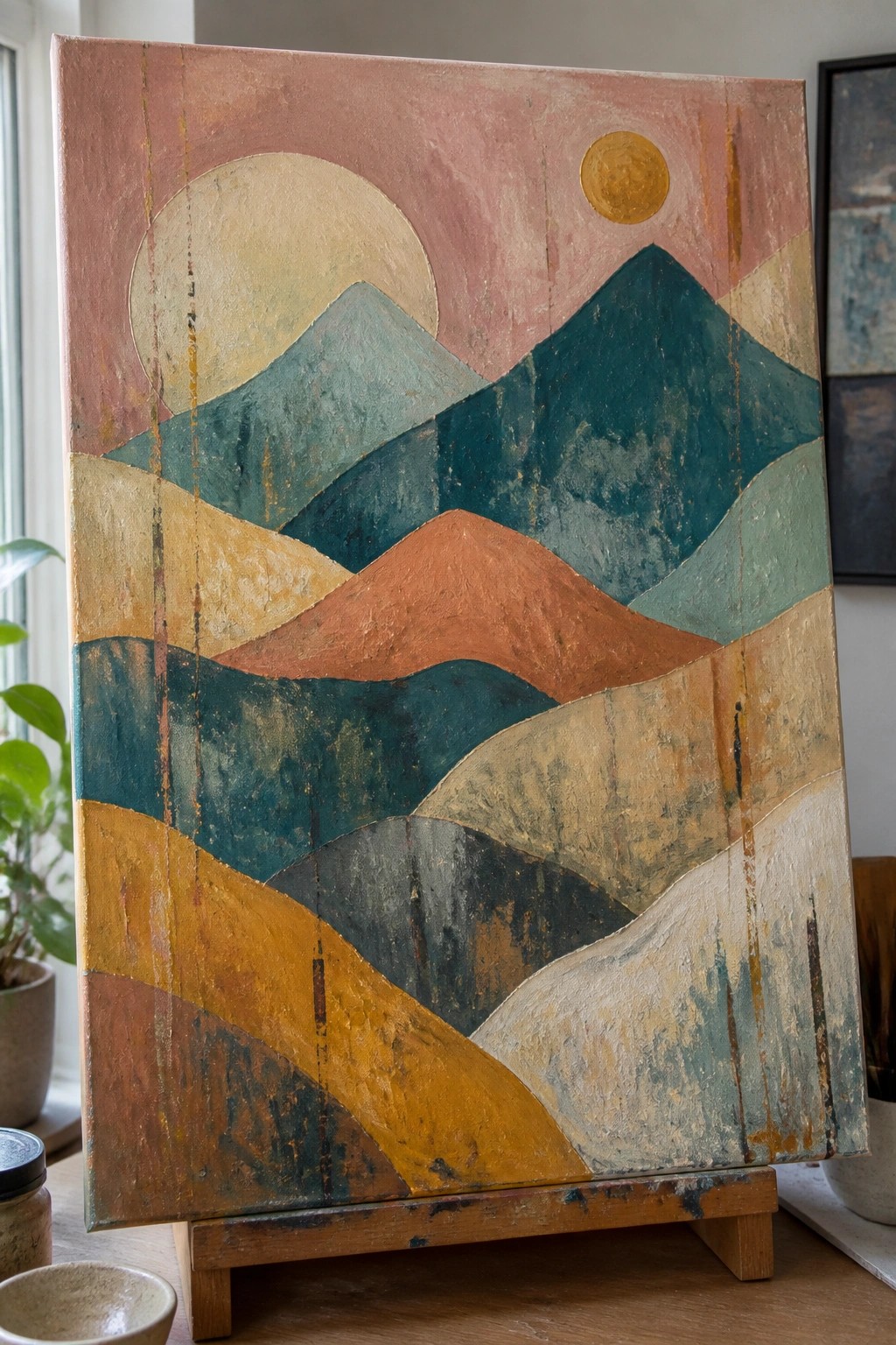 Abstract painting of layered mountains in teal, orange, and gold on pink sky with wooden stand