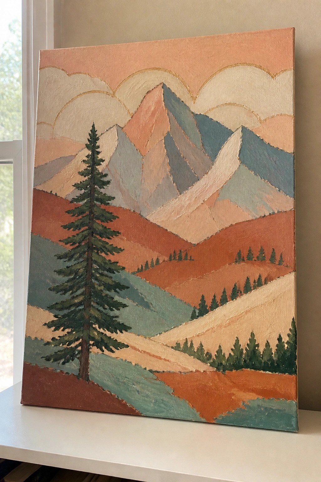 Abstract landscape painting with tall pine tree amid layered orange and teal mountains.