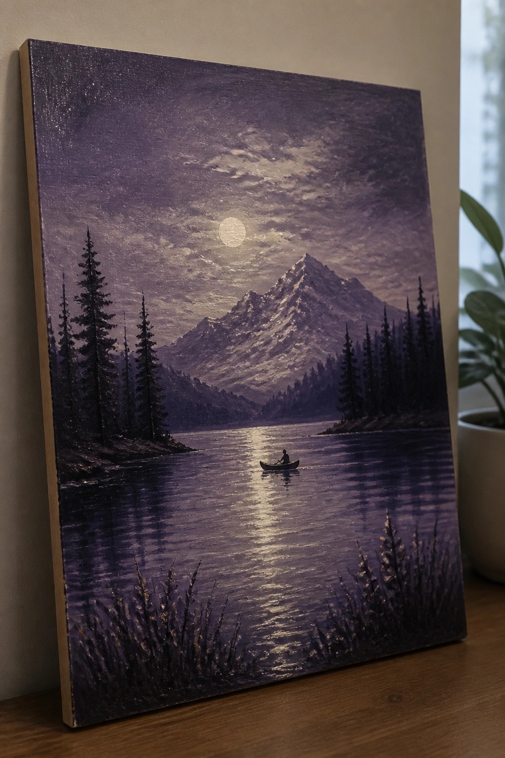 Moonlit oil painting of lone rower on purple lake with snowy mountain and pines