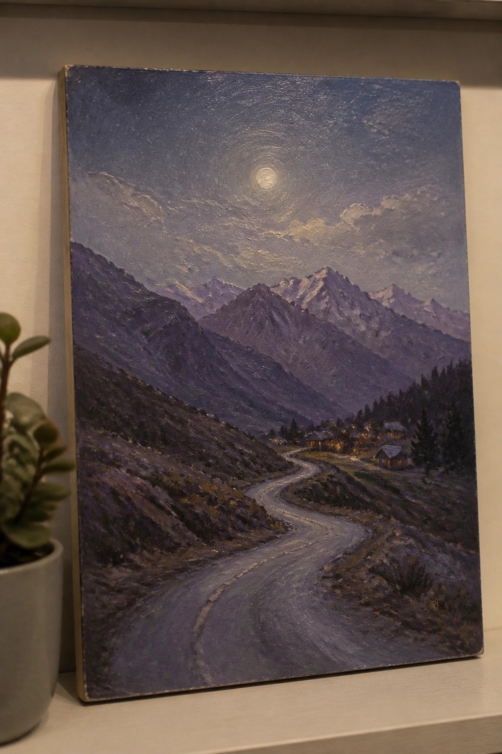 Nocturnal landscape painting of winding road through mountains to moonlit village