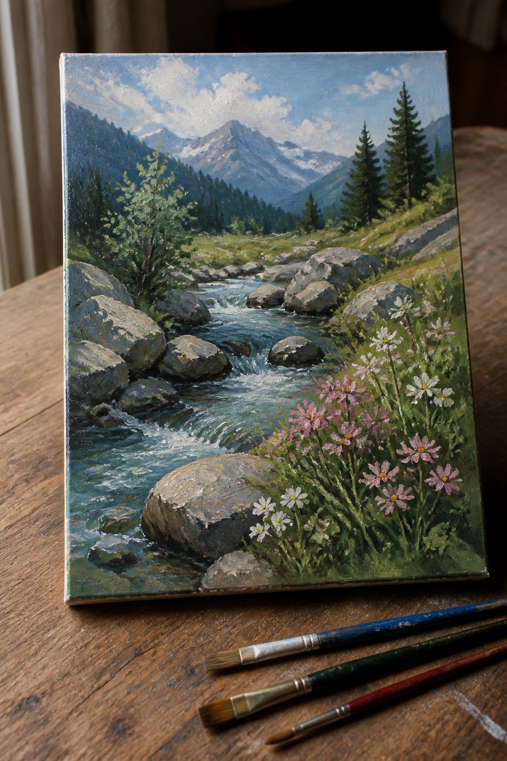 Oil painting of rocky mountain stream with wildflowers and paintbrushes on wooden table