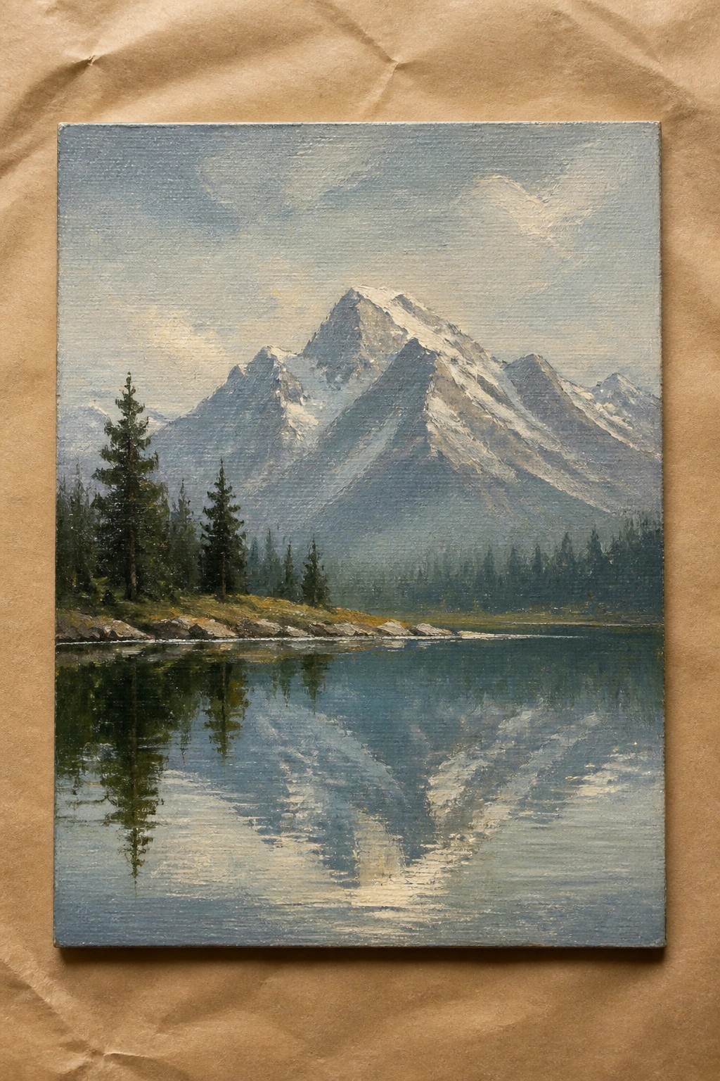 Oil painting of snow-capped mountains reflected in a calm lake with pine trees.