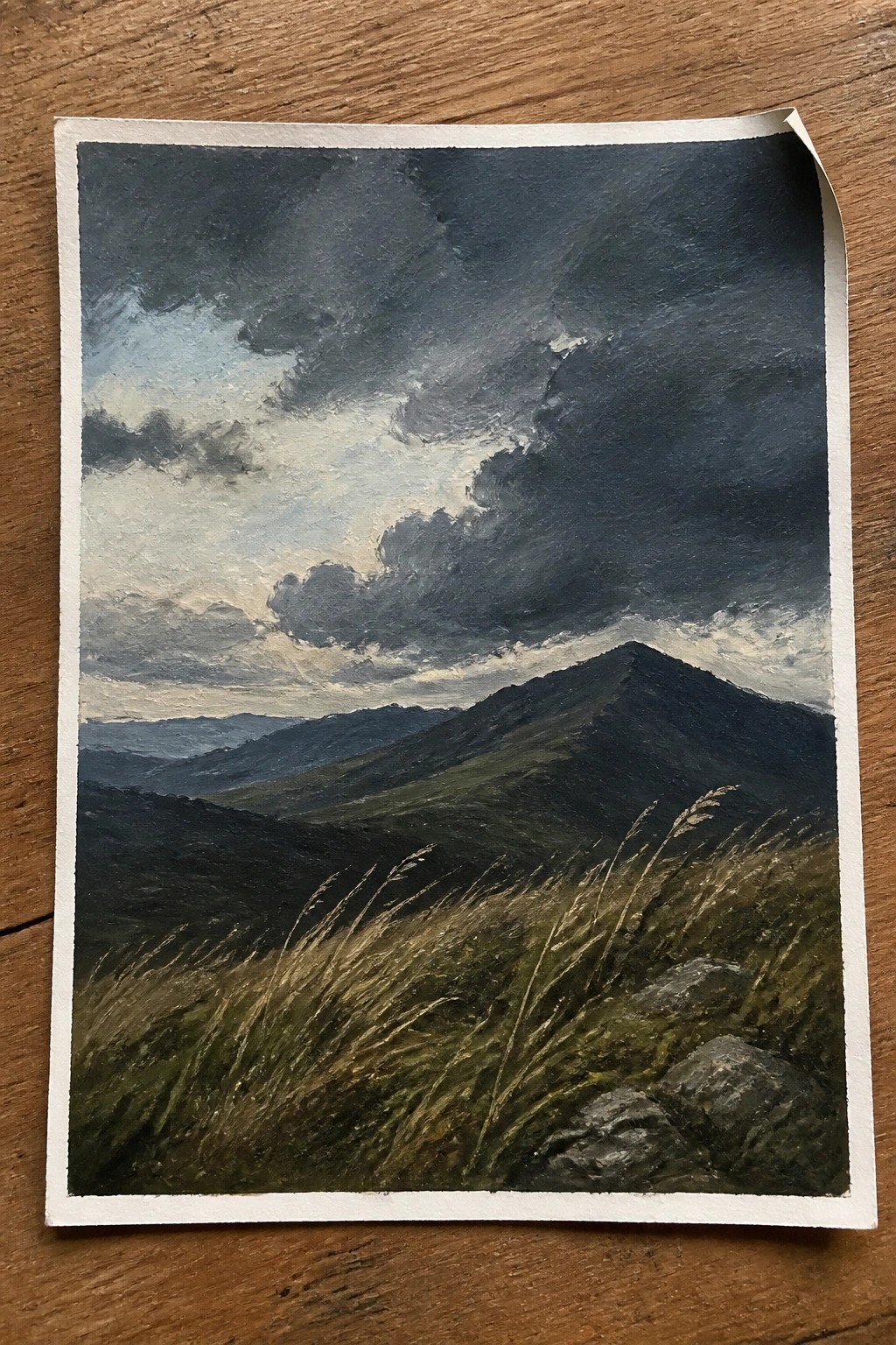Dramatic oil painting of stormy clouds over misty mountains with windswept foreground grass.