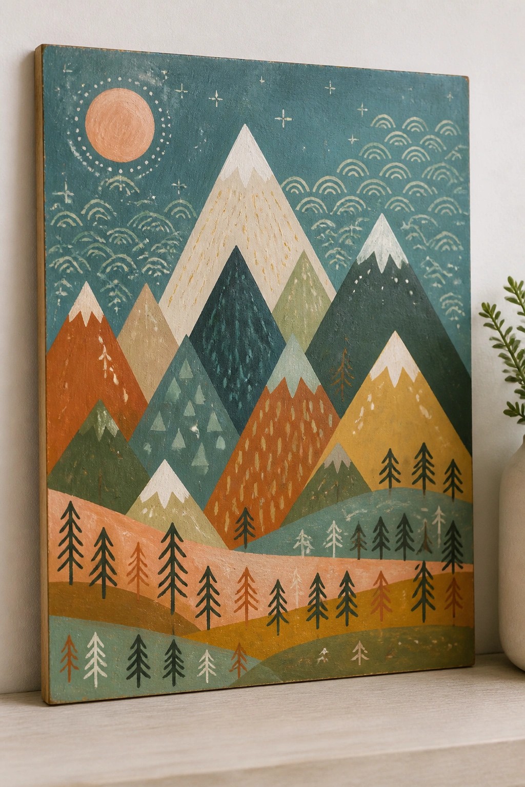Vibrant folk art painting of layered mountains, pine trees, and starry sky