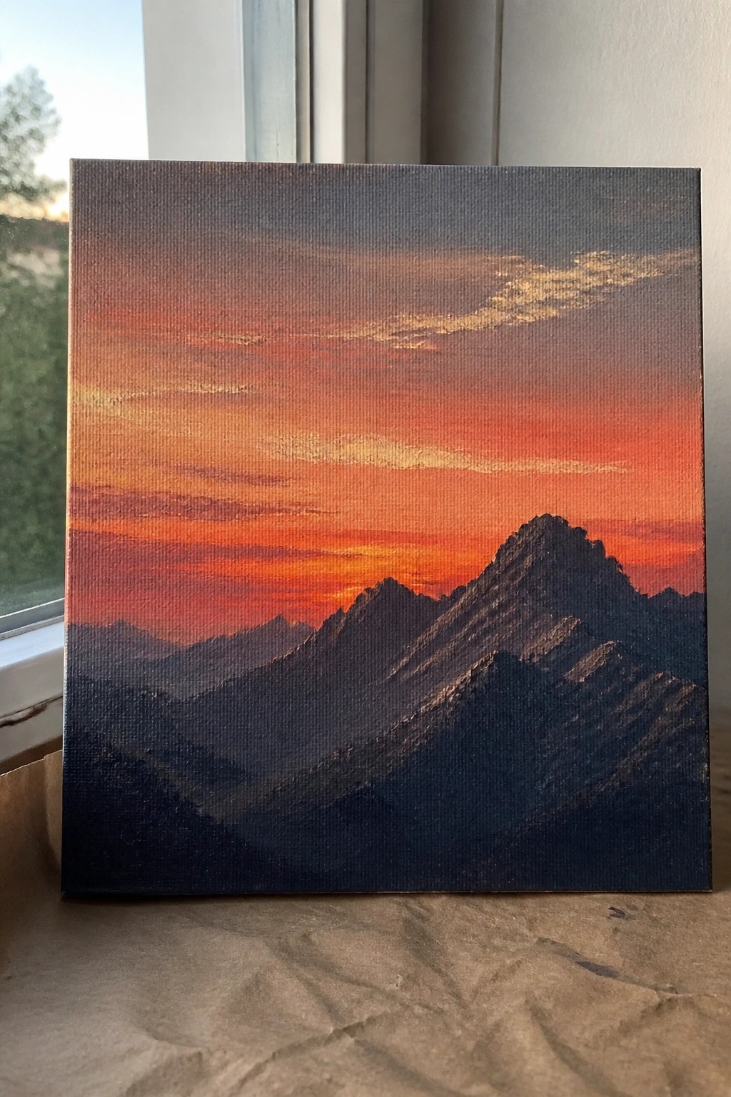 Canvas painting of dark mountains beneath vibrant orange-red sunset sky on windowsill
