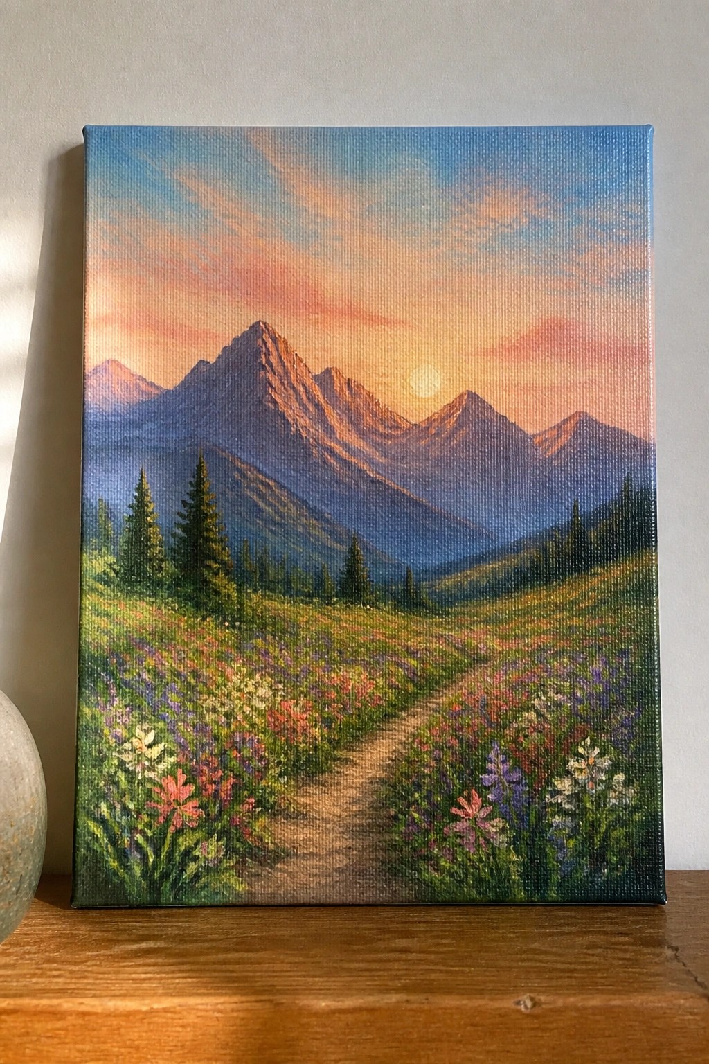 Sunset painting of mountains with a dirt path through colorful wildflower meadow.