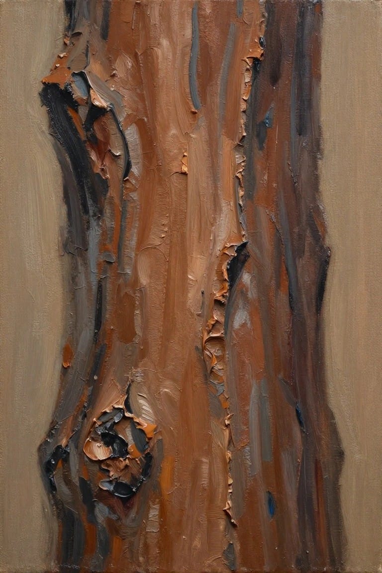 Abstract impasto painting with thick brown, orange, and black vertical brushstrokes